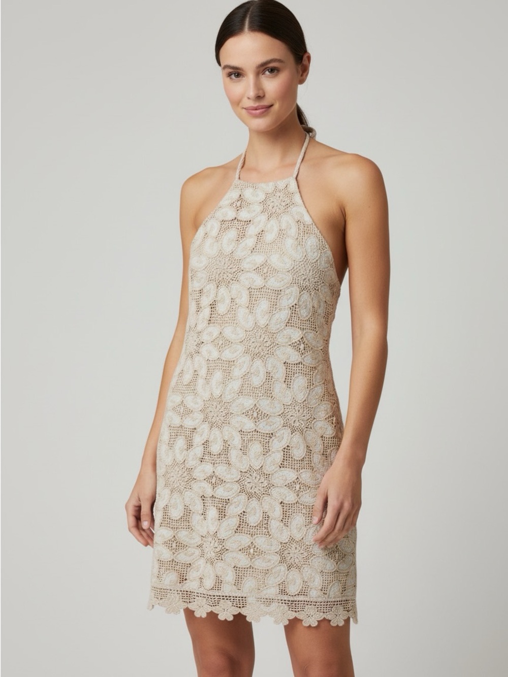 New AROSE STUDIO Beige Crochet Halter Mini Dress Size M